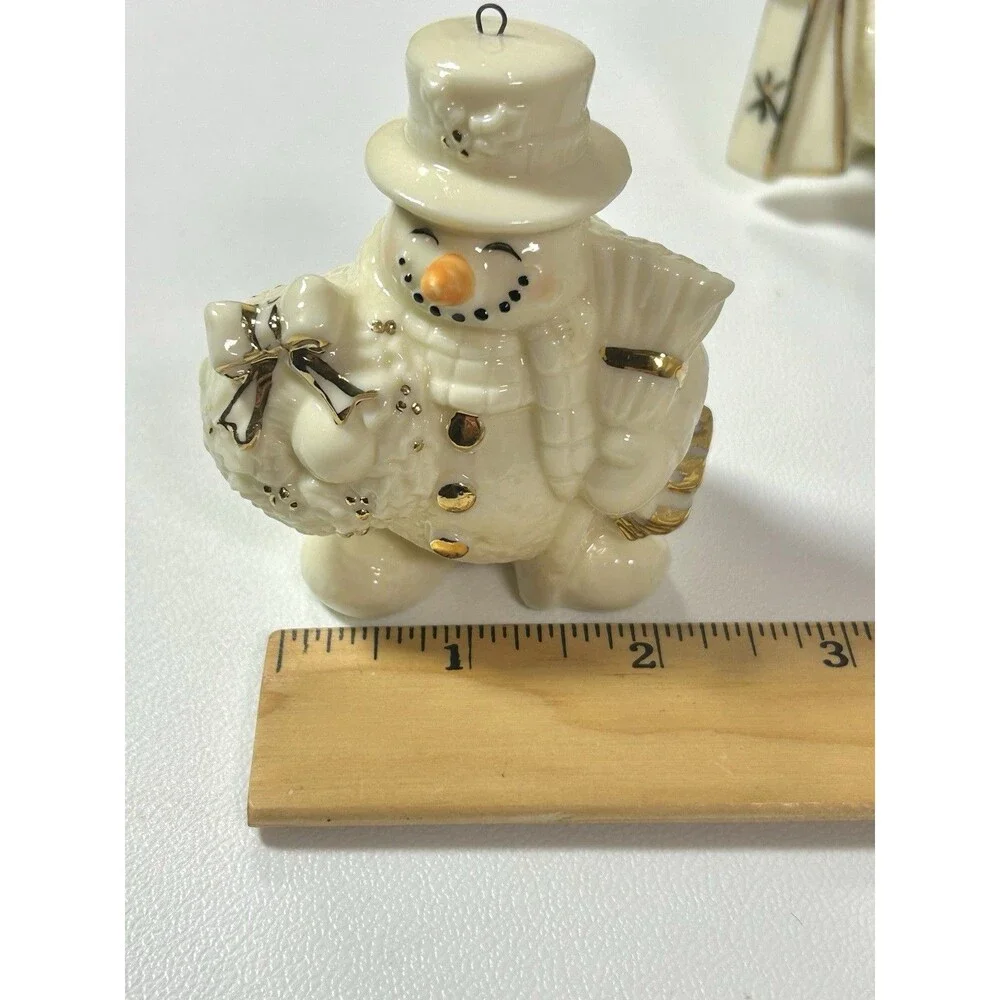 Vtg Porcelain Jade Snowman Ornaments Set Of 2 Ski Broom White Gold Color Accent